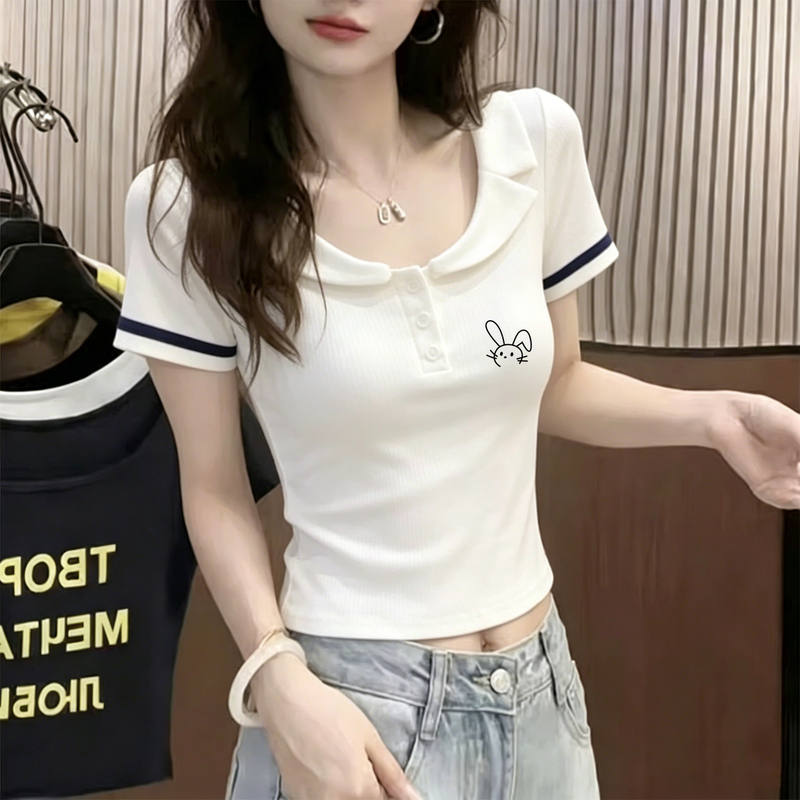 Plaid Patchwork Fake Two-Piece Polo Collar Short-Sleeve T-Shirt for Women, Summer Design, Niche, Slim-Fit, Short Top
