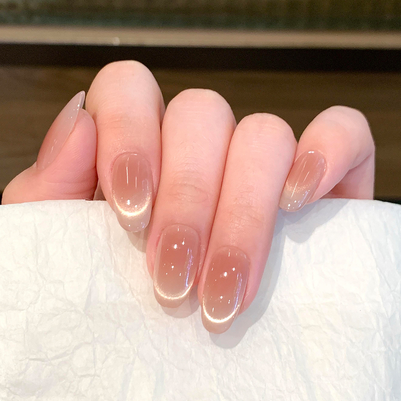 French Smile Cat-Eye Manicure, High-End Nude Color Glass Beads, Handmade Wearable Nails, Daily Commuting Elegant Nail Patches