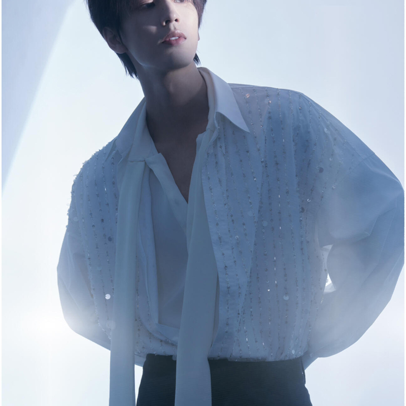 Zhang Linghe Celebrity-Style White Handmade Sequin Long-Sleeve Shirt with a Turn-Down Collar, Men's High-End, Elegant, Versatile Shirt
