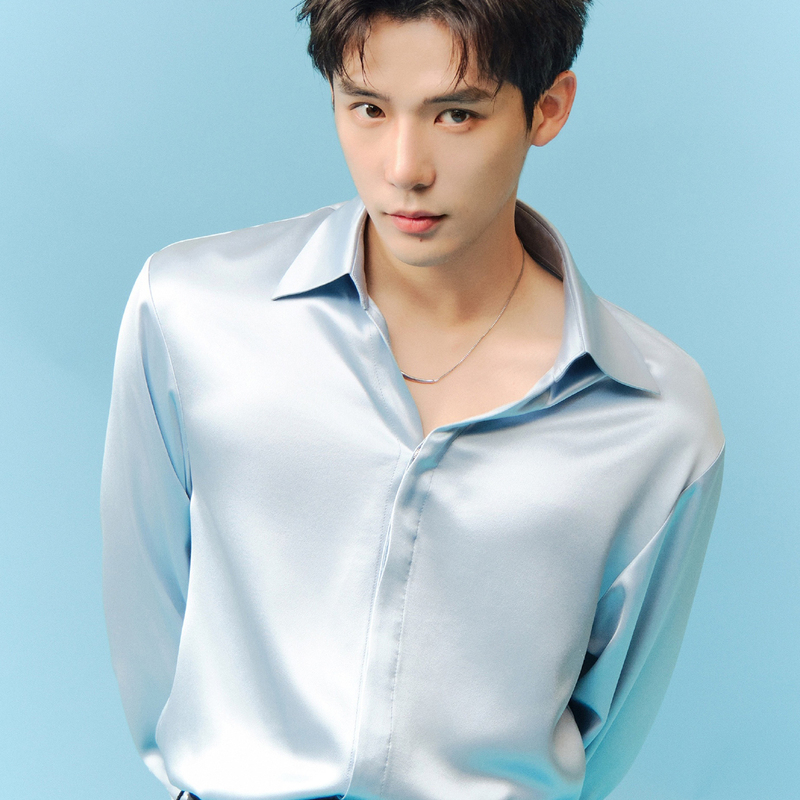 Wang Anyu Celebrity Style Sky Blue Solid Color Long-Sleeve Lapel Satin High-End Shirt Men's Spring and Autumn Shirt Top