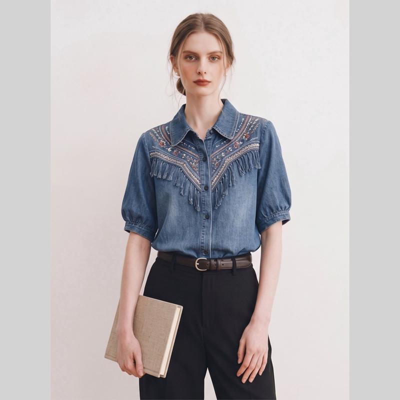 French Retro Tassel Denim Shirt for Women, Blue Lapel Short-Sleeved Printed Top, Versatile Ethnic Style