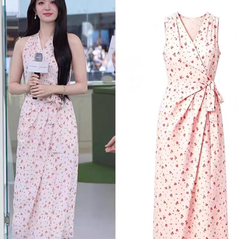 Celebrity Wang Churan's Same Style Halter Neck Floral Dress, Summer Gentle Style, Elegant Waist-Cinching Tie-Up Long Dress