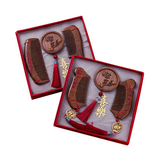 结婚实木梳子镜子一对装婚礼防静电镜梳套装女方陪嫁高档喜梳喜镜