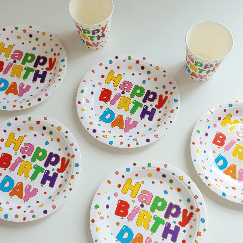 Birthday Themed Tableware Set Colorful Polka Dot Disposable Tablecloth Plates Cups Happy Birthday Decorations