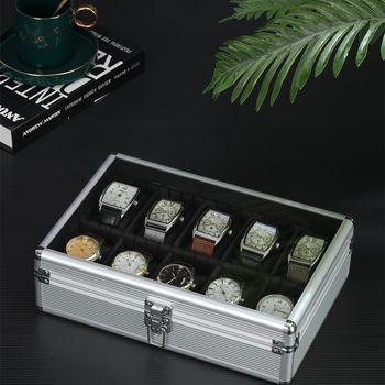 Aluminum alloy bright silver watch storage box multi-function watch box gift box with soft watch pillow glass transparent top cover