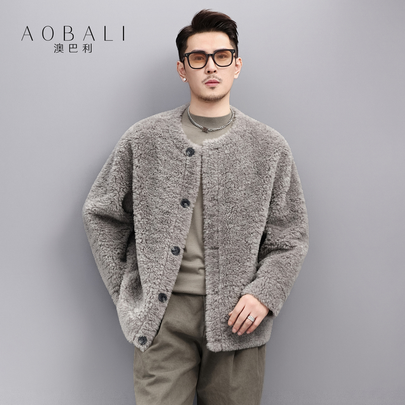 Aubali Lamb Fur Integrated Grain Coat Men's Fur All-Wool Jacket Sheep Shearling Short Coat