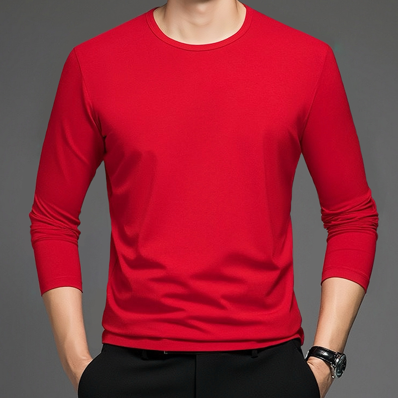 Bright Red Zodiac Year Round-Neck Pure Cotton Long-Sleeve T-Shirt for Men, Versatile Slim-Fit Solid Color Base Shirt Top for Spring and Autumn