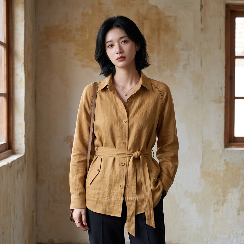 2026 Autumn New Women's Fashion Brown Turn-Down Collar Shirt with Tie Long Sleeve Top Plus Size Slimming Stylish Versatile Commuter Wear
