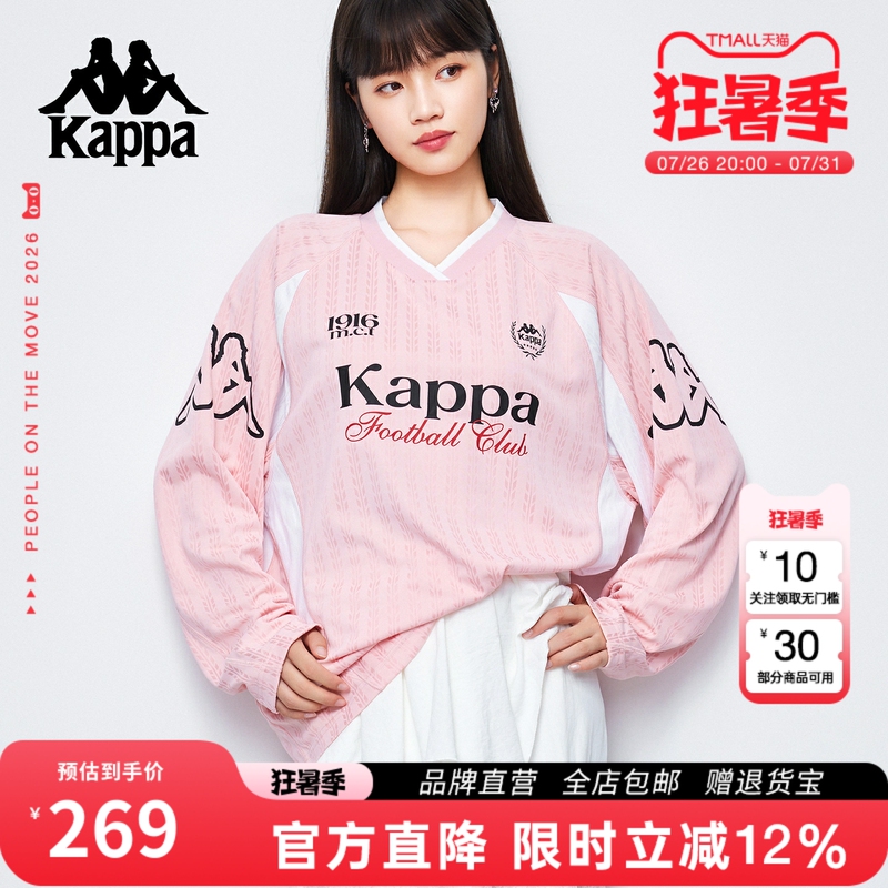 Kappa American-Style V-Neck Sports Color-Block Sweatshirt for Women 2026 Loose Long-Sleeve Jersey T-Shirt Casual Top