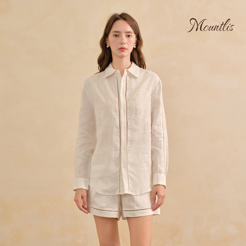 Mountlis 100% Linen Casual Pants Summer Thin Hollow Embroidery White Shorts Shirt Set