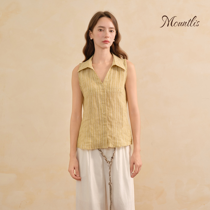 Mountlis 100% Linen Shirt V-Neck Placket Vertical Stripes Summer Sleeveless Design Vest Top for Women Mountlis 100% Linen Shirt V-Neck Placket Vertical Stripes Summer Sleeveless Design Vest Top for Women