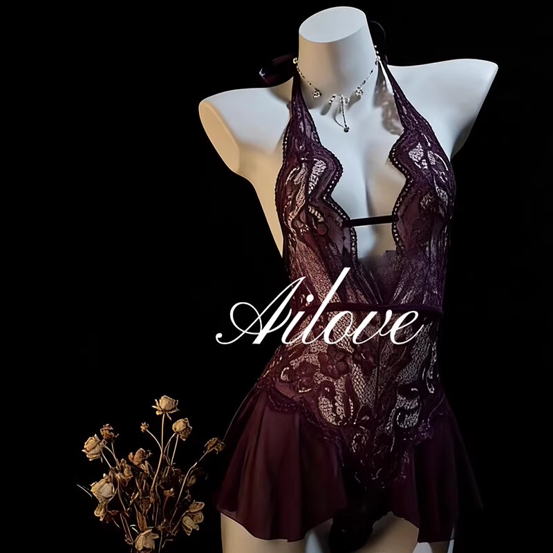 Ailove Purple Small Bust Sexy Lace Seductive Deep V Erotic Fun Bodysuit Mesh Lingerie Qqny