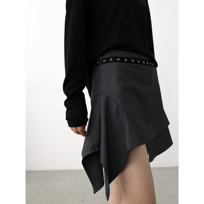Siltone Deconstructed Style Irregular A-Line Skirt Pants for Women, Gray Rivet Belt Patchwork Design Short Skirt