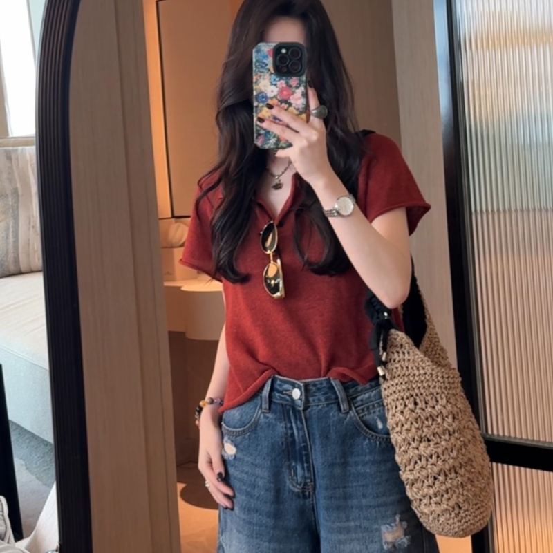 【Sansan】Gentle Style Polo Collar Knitted T-Shirt for Women, Summer Slimming Versatile Short-Sleeved Top Dy-84020 【Sansan】Gentle Style Polo Collar Knitted T-Shirt for Women, Summer Slimming Versatile Short-Sleeved Top Dy-84020