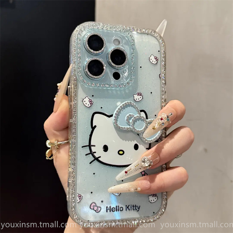 ins High-Looking Gradient Kt Cat Diamond-Encrusted Suitable for iPhone 16 Promax Apple 15 Mobile Phone Case 14 New Style 16 Super Good-Looking 12 Classy 13 Female 2025 Internet Celebrity Hot Model Pro Anti-Fall Promax