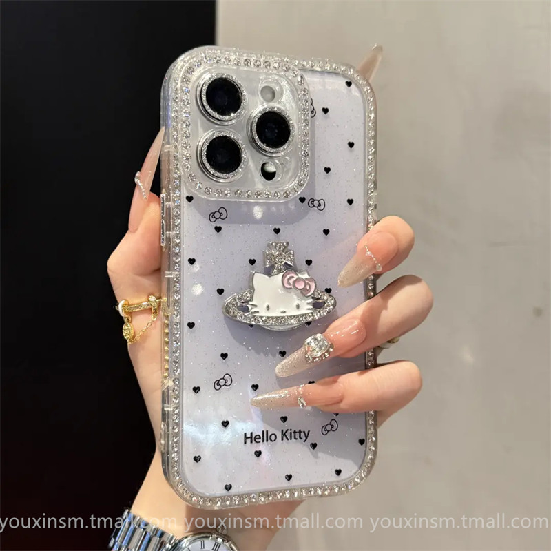 ins High-End Diamond-Encrusted Western Empress Kt Cat-Themed Phone Case Suitable for iPhone 15 Pro Max Apple 14, 17 Pro Max New Model, 16 Internet Celebrity, 12 High-End, 13 Women, 2025 Trending Pro Anti-Drop Case
