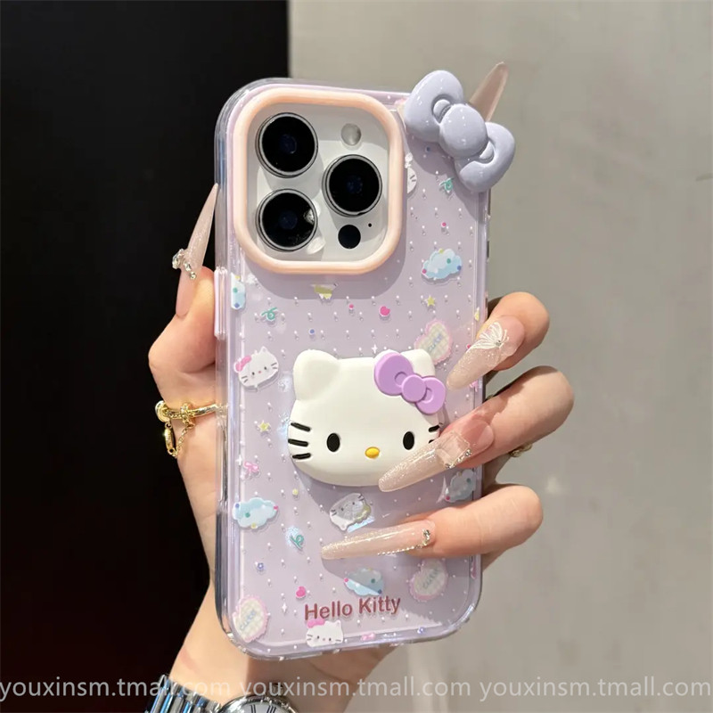 ins Milk-Colored Polka Dot Kt Cat Bow Suitable for Iphone16Promax Apple 17Pm Phone Case 15Promax New Model 11 Internet Celebrity 12 High-End 13 Popular Model for Women Plus Anti-Drop 14Pro