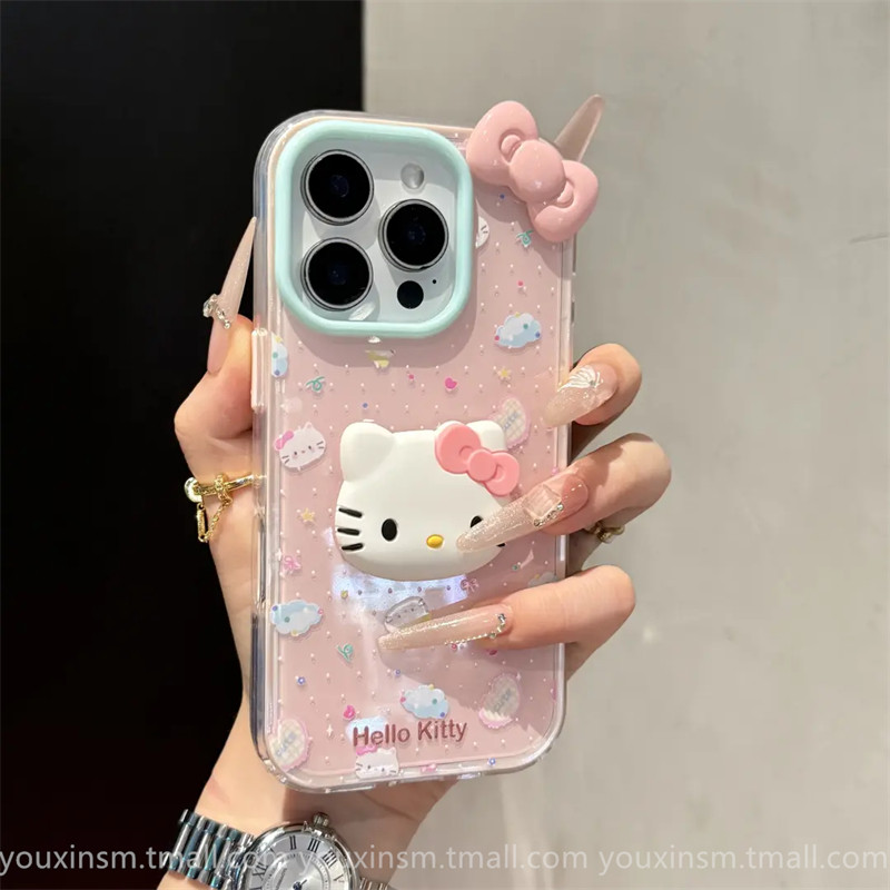 ins Milk-Colored Polka Dot Kt Cat Bow Suitable for Iphone16Promax Apple 17Pm Phone Case 15Promax New Model 11 Internet Celebrity 12 High-End 13 Popular Model for Women Plus Anti-Drop 14Pro