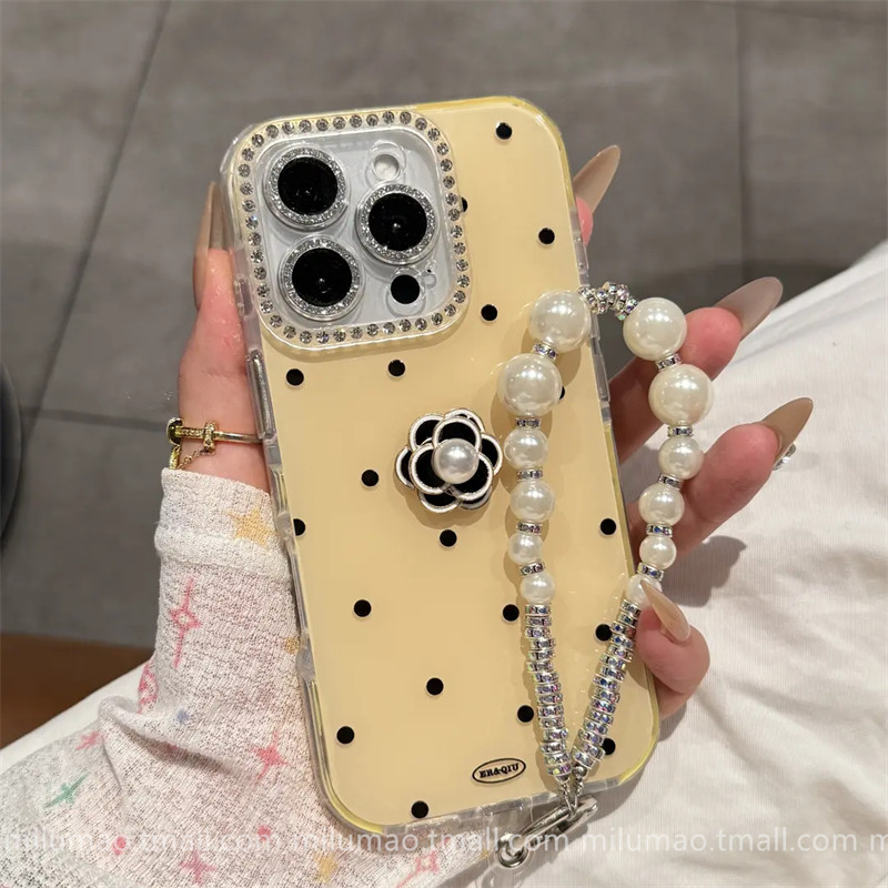 ins Gentle Wave Pattern Camellia with Hanging Chain Suitable for iPhone 15 Pro Apple 16 Phone Case 17Promax New Model 11 Internet Celebrity 12 Popular Model 13 Women's Model 14Plus Soft Promax Shockproof