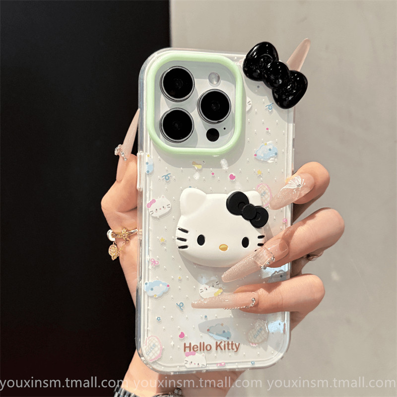 ins Milk-Colored Polka Dot Kt Cat Bow Suitable for Iphone16Promax Apple 17Pm Phone Case 15Promax New Model 11 Internet Celebrity 12 High-End 13 Popular Model for Women Plus Anti-Drop 14Pro