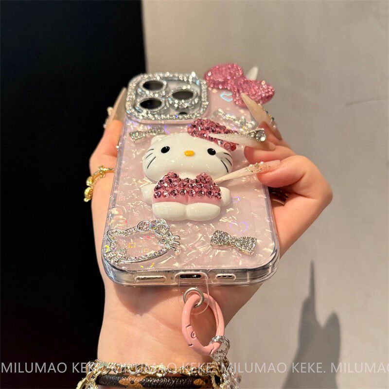 ins Super Stylish Diamond-Encrusted Kt Cat Phone Case for Apple 17/16 Pro Max, iPhone 15 Pro New Model, 14 Internet Celebrity, 2025 Hot Item, 13 Women's Model, 12 for Girlfriends, 11 Full Coverage Pro Max Anti-Drop