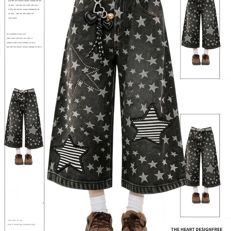American Retro Niche Style Full-Print Star Patchwork Cropped Pants 2026 Summer Unisex Loose Wide-Leg Denim Shorts American Retro Niche Style Full-Print Star Patchwork Cropped Pants 2026 Summer Unisex Loose Wide-Leg Denim Shorts