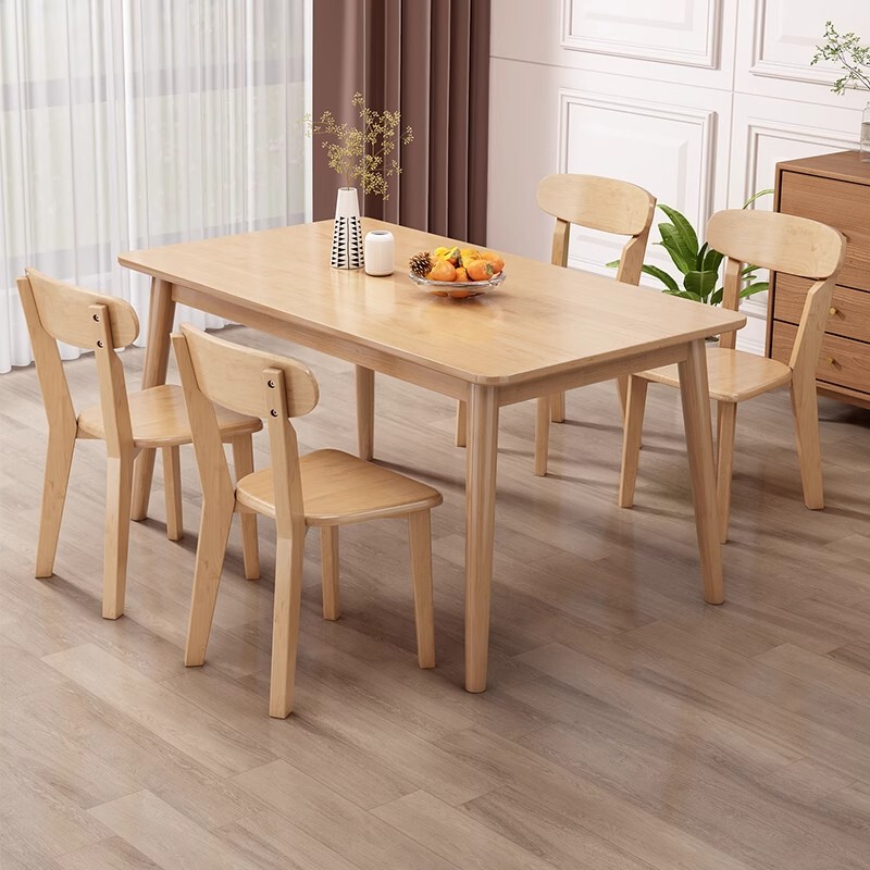 Rubberwood Solid Wood Dining Table and Chair Set for Small Apartments, Rectangular Table, Modern Minimalist Light Luxury Dining Table