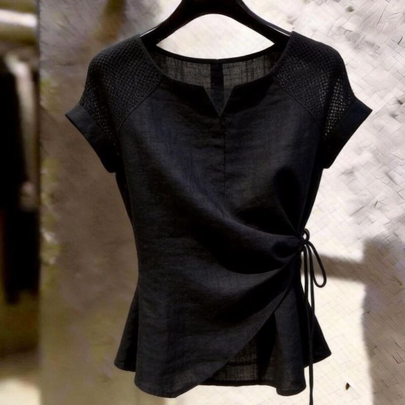 Lightly Mature Korean-Style Black Short-Sleeved Top for Women, Commuter Style with a Sense of Design, Tie-Waist, Irregular Hem, 2026 Summer New Style