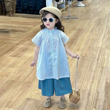 Summer seaside cotton blue striped wide dress blue wide leg pants layered children's clothing suit girls spring clothing