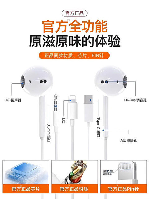 Official Genuine Product Suitable for Apple Wired Headphones iPhone 17/16/15/14/13/12 Flat Head Type-C Original