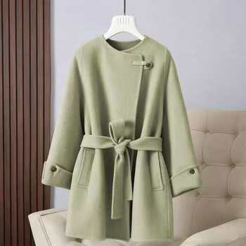 Double-sided woolen coat single buckle belt mid-length