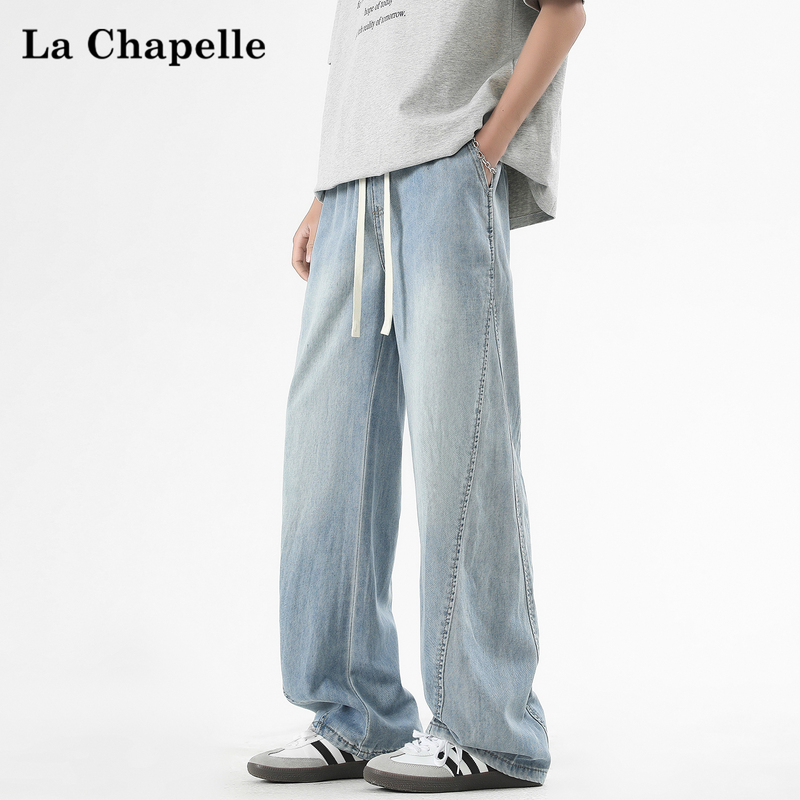 La Chapelle Lyocell Ice Silk Light Blue Jeans for Men, Summer Thin Loose Straight Casual Curved Pants