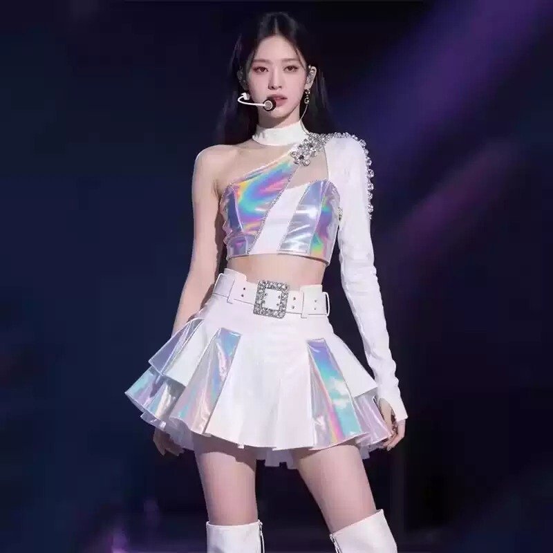 Korean Girl Group's Same Style Jazz Performance Outfit, Dancing with the Times, White Spliced Set, Gogo Performance Costume