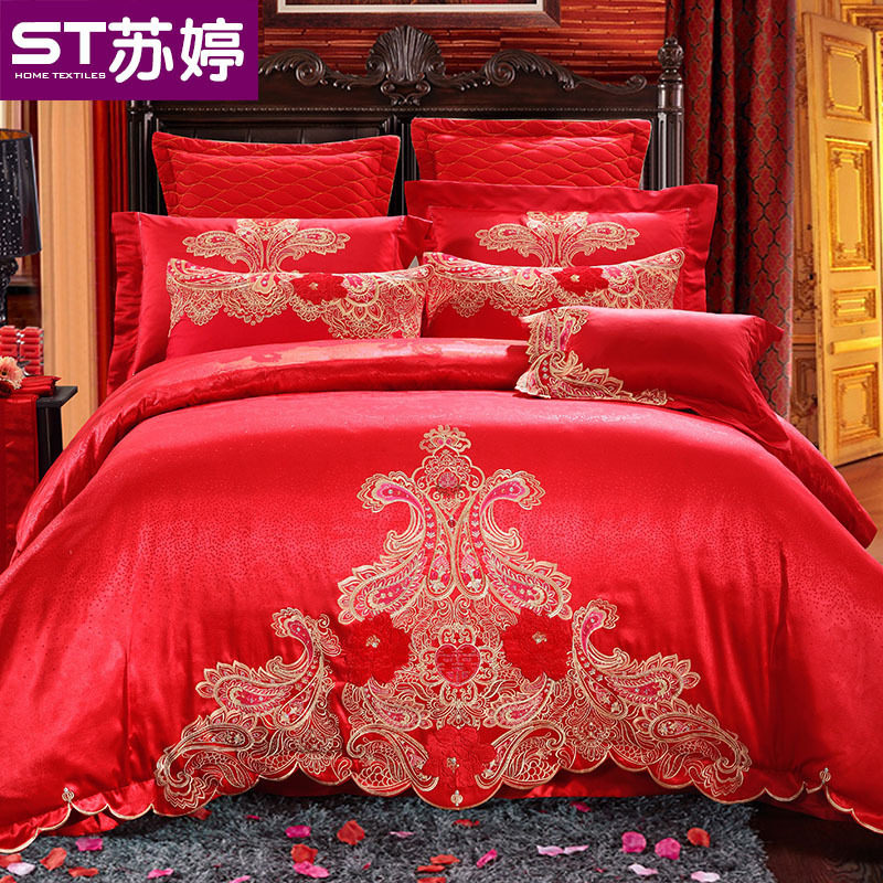 Su Ting wedding six-piece set big red sheet bed cover type ten piece set wedding celebration four piece set big red embroidery 2.0m bed