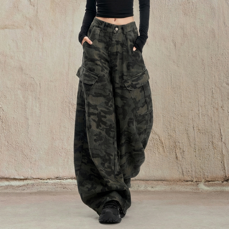 American Retro Multi-Pocket Camouflage Cargo Pants for Women 2026 Spring and Summer New Wide-Leg Jazz Dance Casual Pants