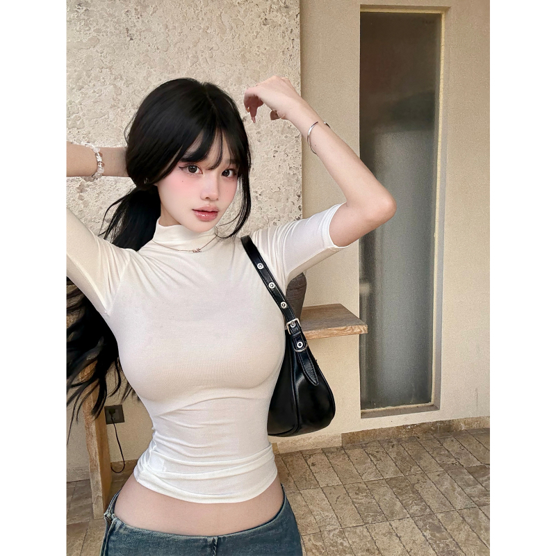 Slightly Spicy, No Ice Added, Tencel High-Neck Mid-Sleeve T-Shirt for Women, Autumn Pure Desire Sexy Slim-Fit Inner Wear, Stylish Top
