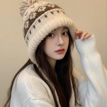 Fair Isle Hat Large Head Circumference Woolen Hat for Women Autumn and Winter Warm Hat Beige Ear-Protecting Hat with Pom-Pom Thick Knitted Hat