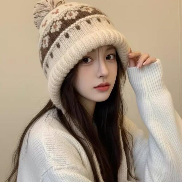 Fair Isle Hat Large Head Circumference Woolen Hat for Women Autumn and Winter Warm Hat Beige Ear-Protecting Hat with Pom-Pom Thick Knitted Hat