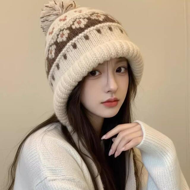 Fair Isle Hat Large Head Circumference Woolen Hat for Women Autumn and Winter Warm Hat Beige Ear-Protecting Hat with Pom-Pom Thick Knitted Hat