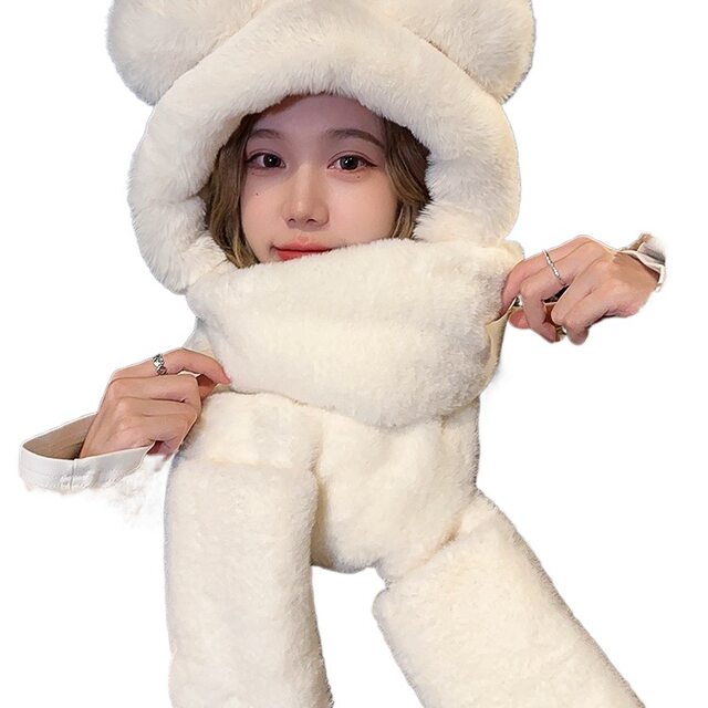 Plush Teddy Bear Hat, Autumn and Winter Women's Scarf and Gloves Set, Winter Neck Warmer, Cute Cartoon, Warm Winter Three-Piece Set