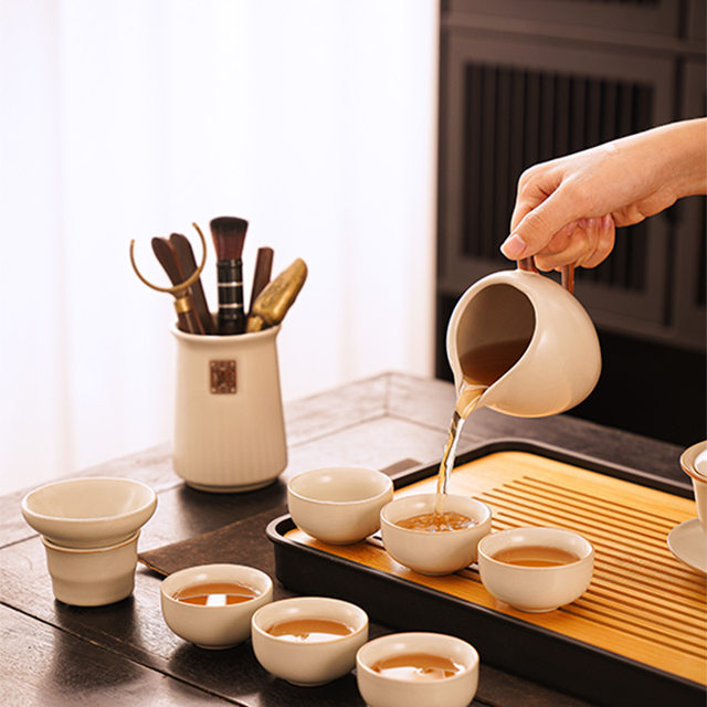 New Style Ru Kiln Kung Fu Tea Set for Home Use, Light Luxury High-End Ceramic Tea Pot, Tea Cups, Tea Tray, Complete Tea Set