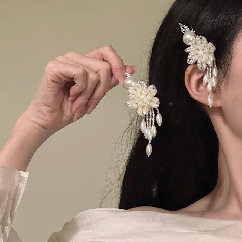 【満開のハイビスカス】中国風イミテーションパールフラワーヘアクリップ、エレガントなサイドヘアピン