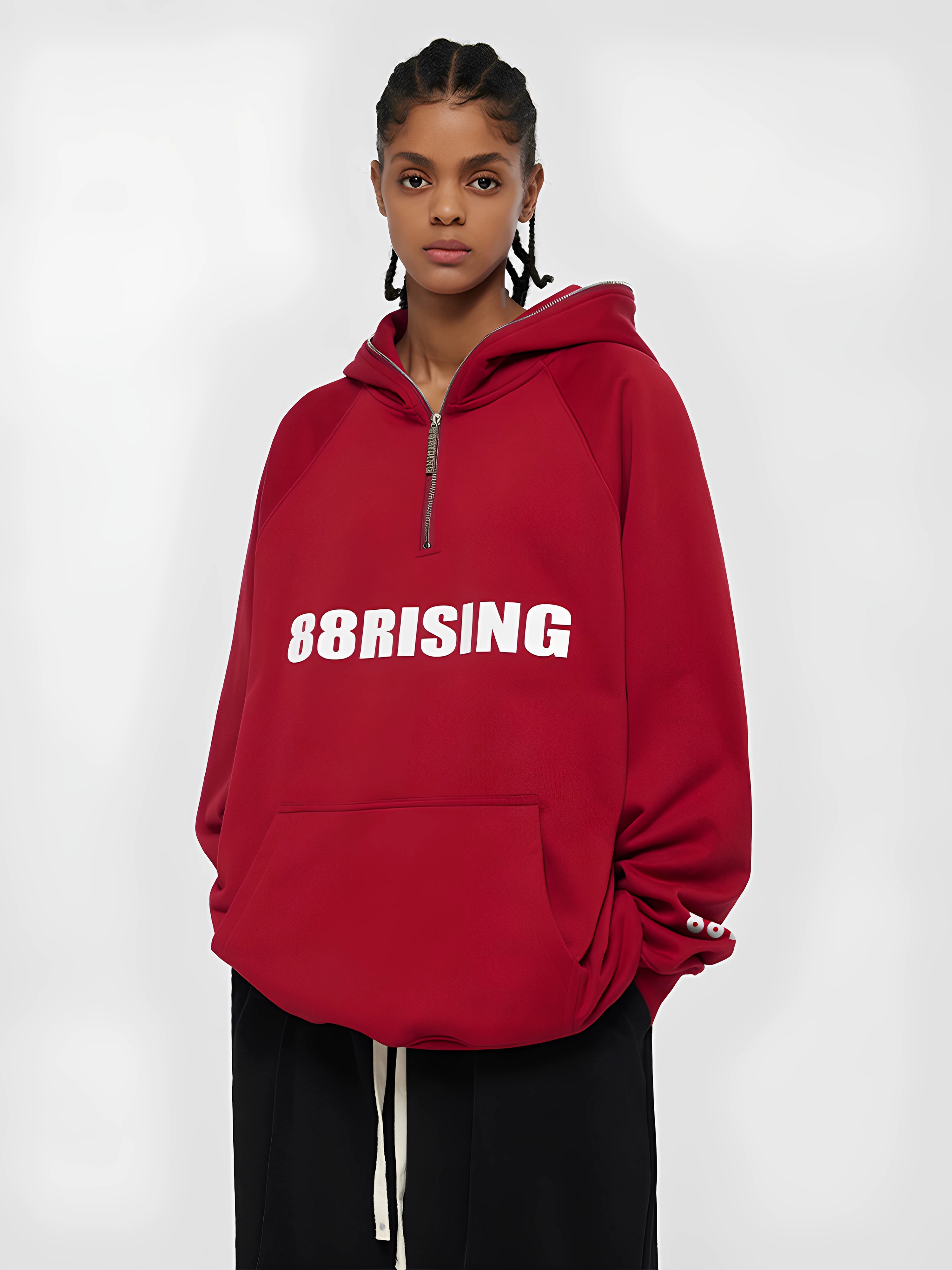 [十八升88Rising纯色半拉炼字母标志厚板胶印连帽套头运动衫的男人和女人]
