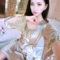 Sexy Sleepwear Womens Spring Summer Silk Ice Lace Harness Pyjamas Sleeping Dresses Sleeping Robes Two Sets Long Sleeve Thin family clothes