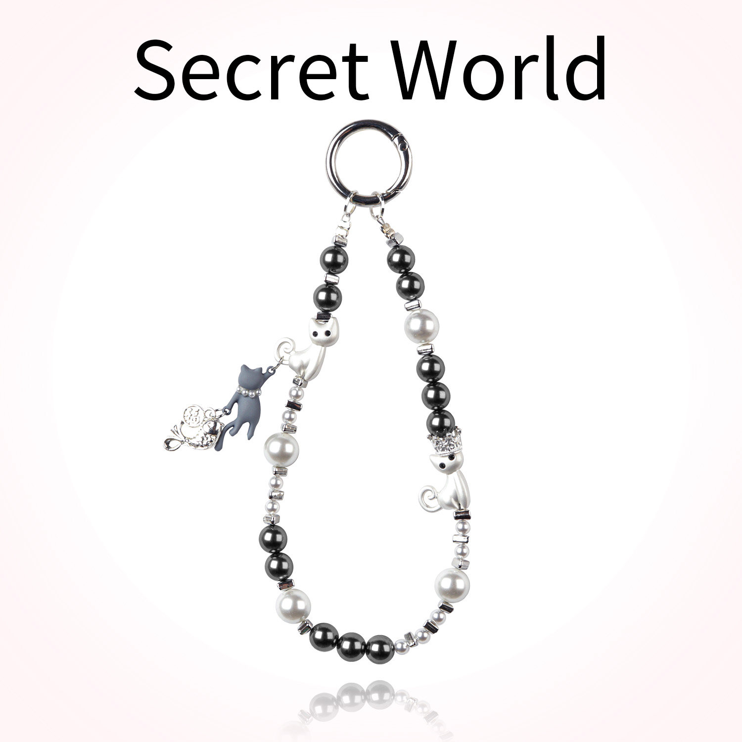 Secretworld mobile phone charm with a fish and kitten design, black and white pearl pendant, exquisite and high-end pendant for women.