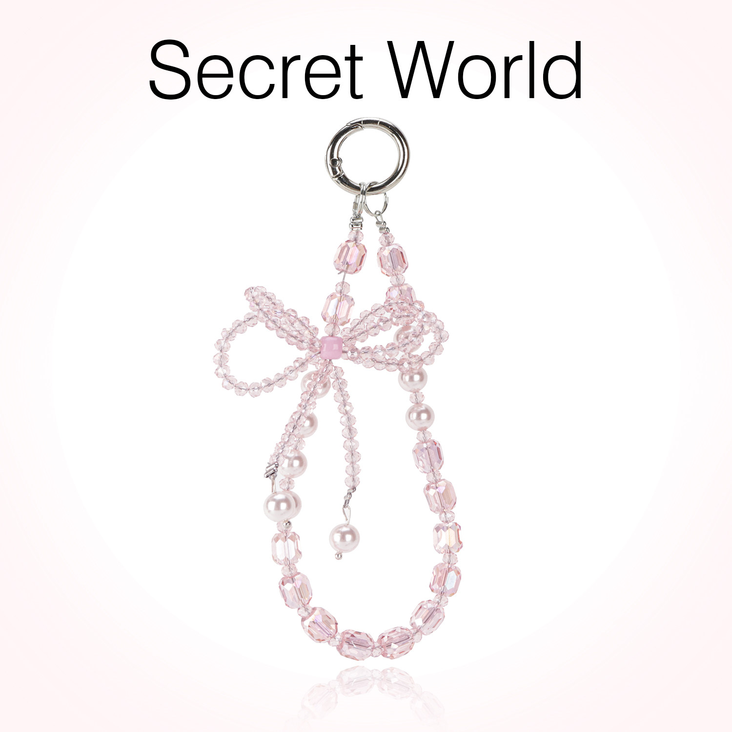secretworld mobile phone chain with bow, pearl, translucent pink rhinestone pendant, ins style wrist pendant, short crystal.