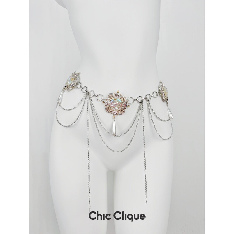 Heavy-Duty Palace-Style Sweet and Cool Pink Diamond Flower Tassel Waist Chain, Light Luxury High-End Belt Accessory