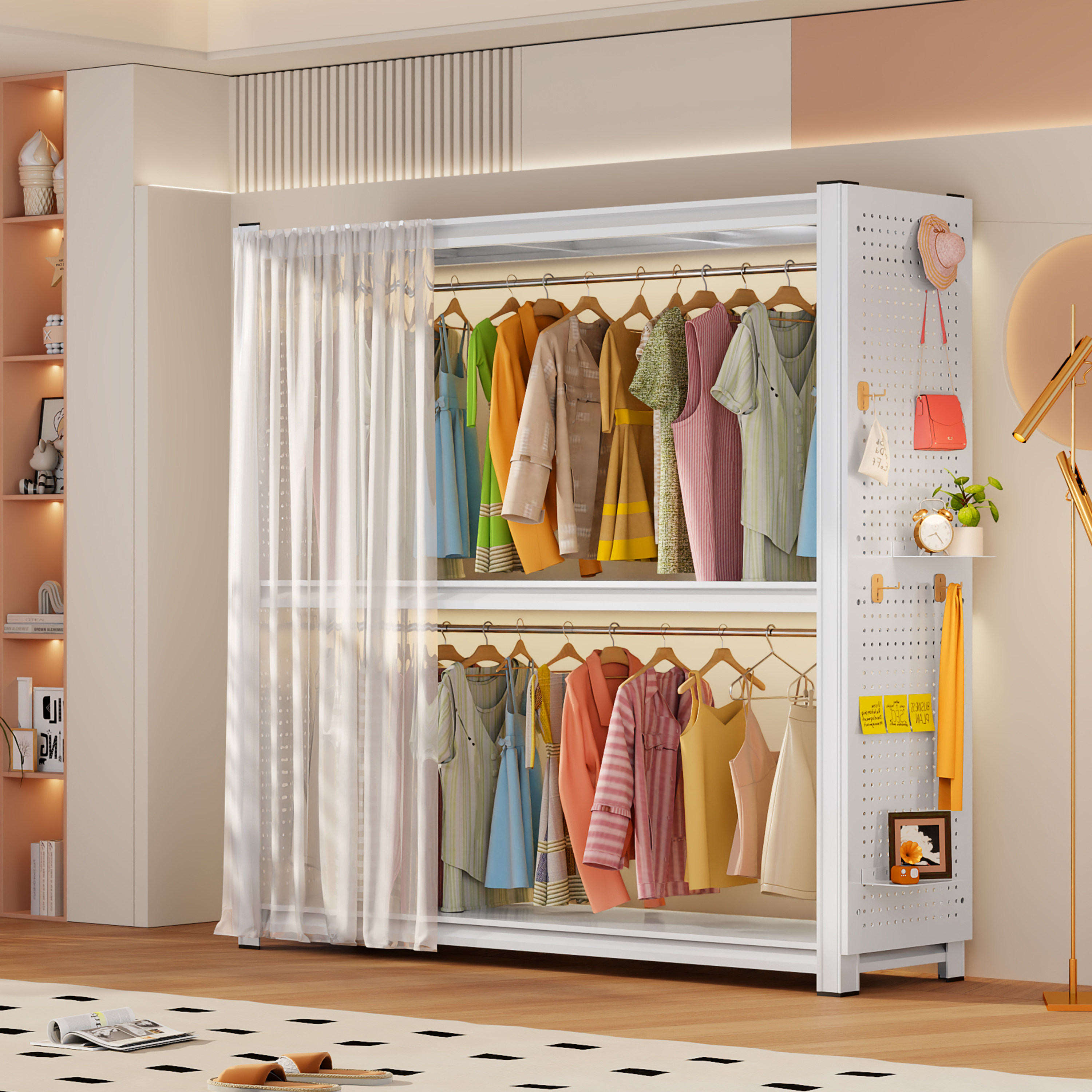 Household shelf-type wardrobe bedroom balcony rental room simple assembly metal perforated board dust-proof wardrobe storage cabinet