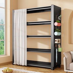 Multi-Layer Household Storage Rack for Balcony, Living Room, Bedroom, Kitchen, Pegboard, Dustproof Curtain, Floor-Standing Storage Iron Shelf