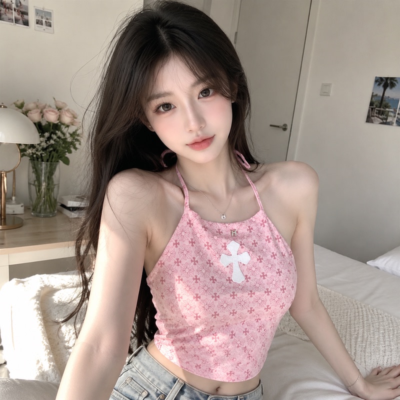 Pure Desire Hot Girl Cross Digital Print Leather Label Camisole Women's Summer New Style Backless Slimming Tie Belly Top